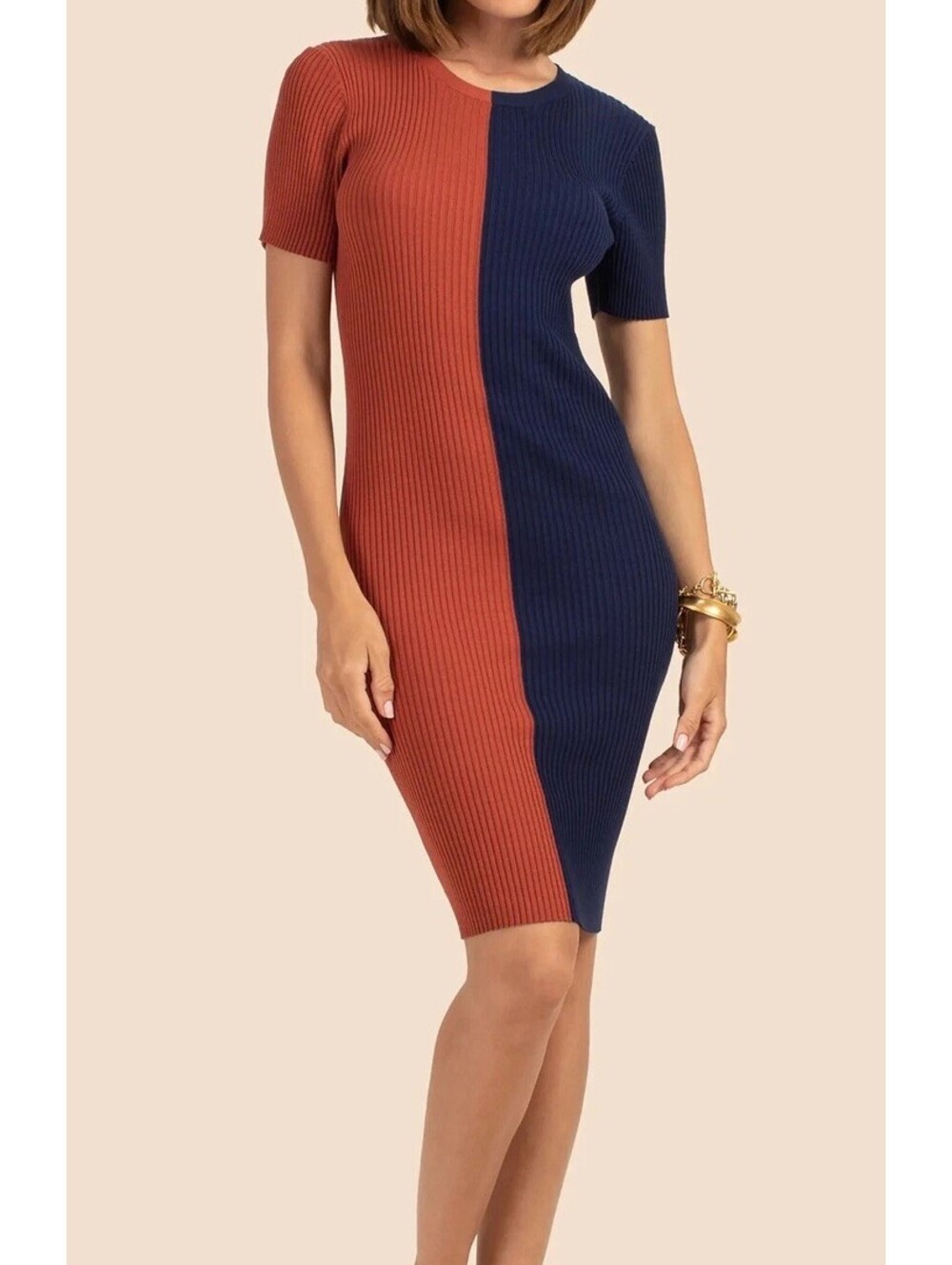 Trina Turk Vivika Colorblock Mini Sweater Dress Women’s M Cinnamon Indigo